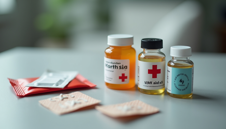 Close-up of pet medication and first aid supplies arranged neatly