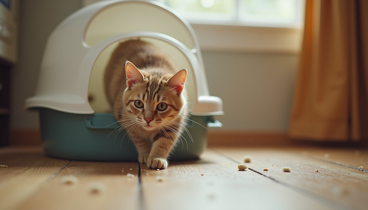 Eye-level view of a cat walking away from a litter box with minimal litter tracking on the floor