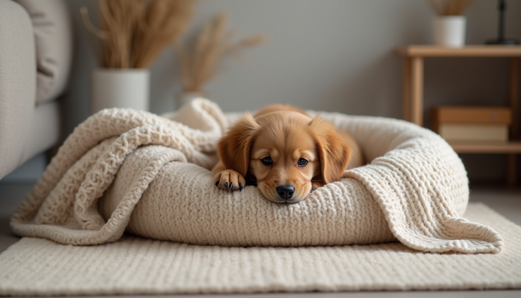 Eye-level view of a cozy puppy bed with soft blankets in a living room corner
