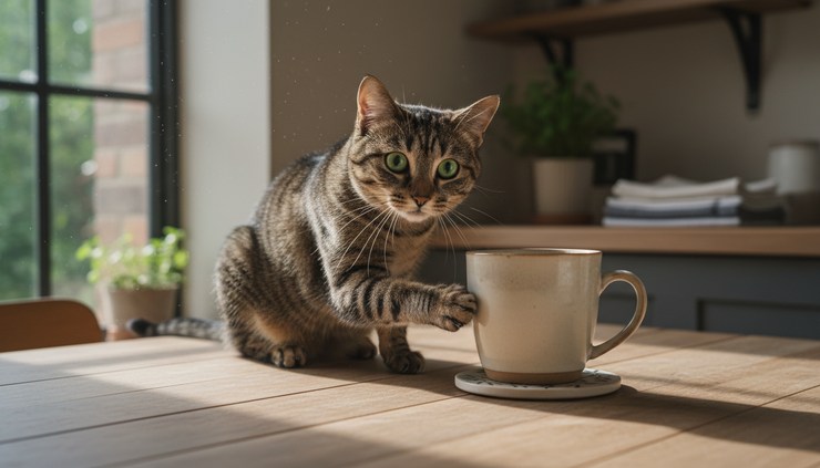 Eye-level view of a cat showing why do cats knock things over beside a cup on a table