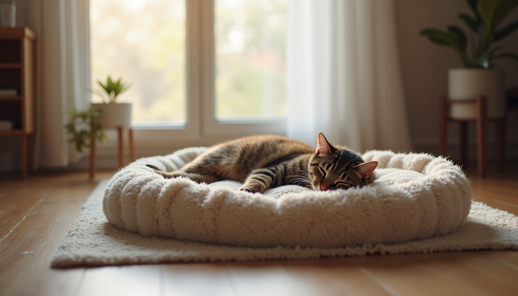 Eye-level view of a cozy pet bed with a sleeping cat