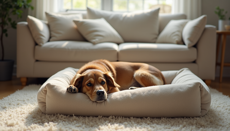 High angle view of a dog resting on a clean washable dog bed in living room