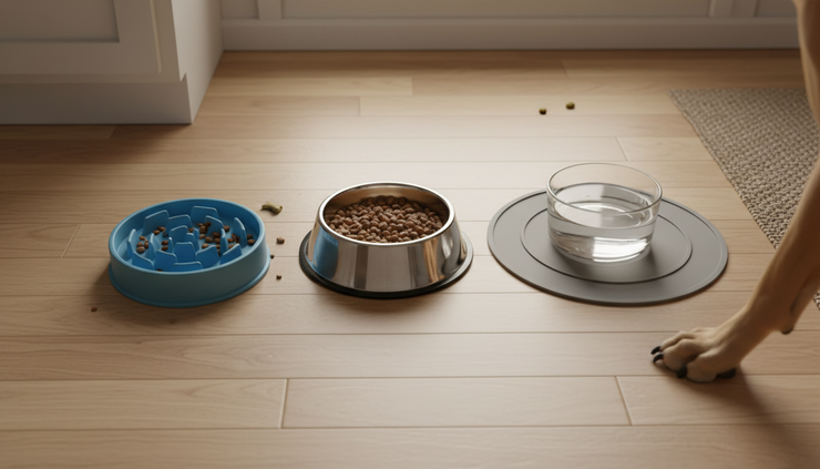 Overhead view of dog bowls and feeders arranged for different feeding needs