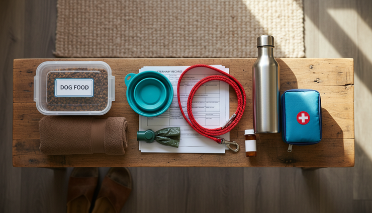 Overhead view of an emergency bag packed with dog supplies.