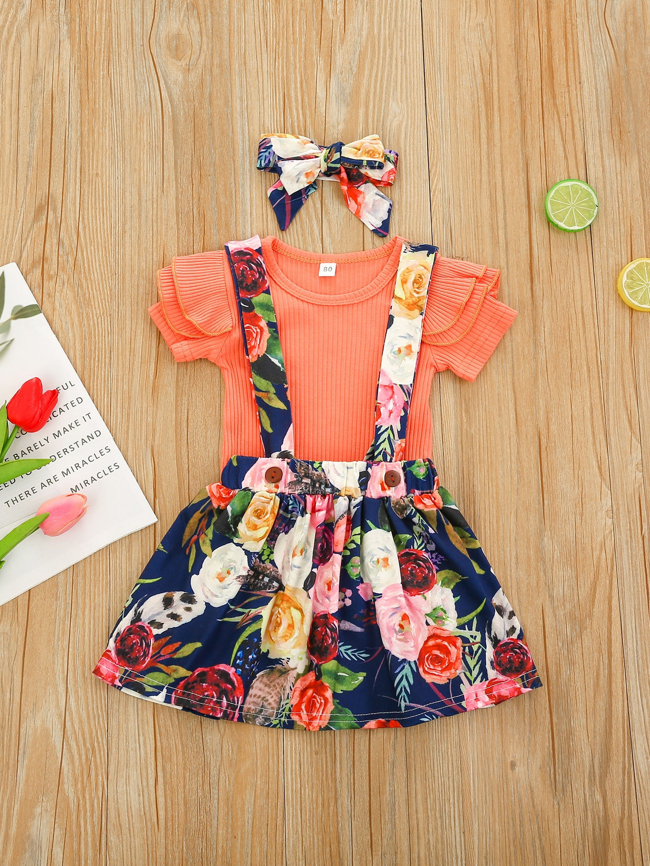 Toddler Girls Solid Rib-knit Tee With Floral Print Pinafore Skirt