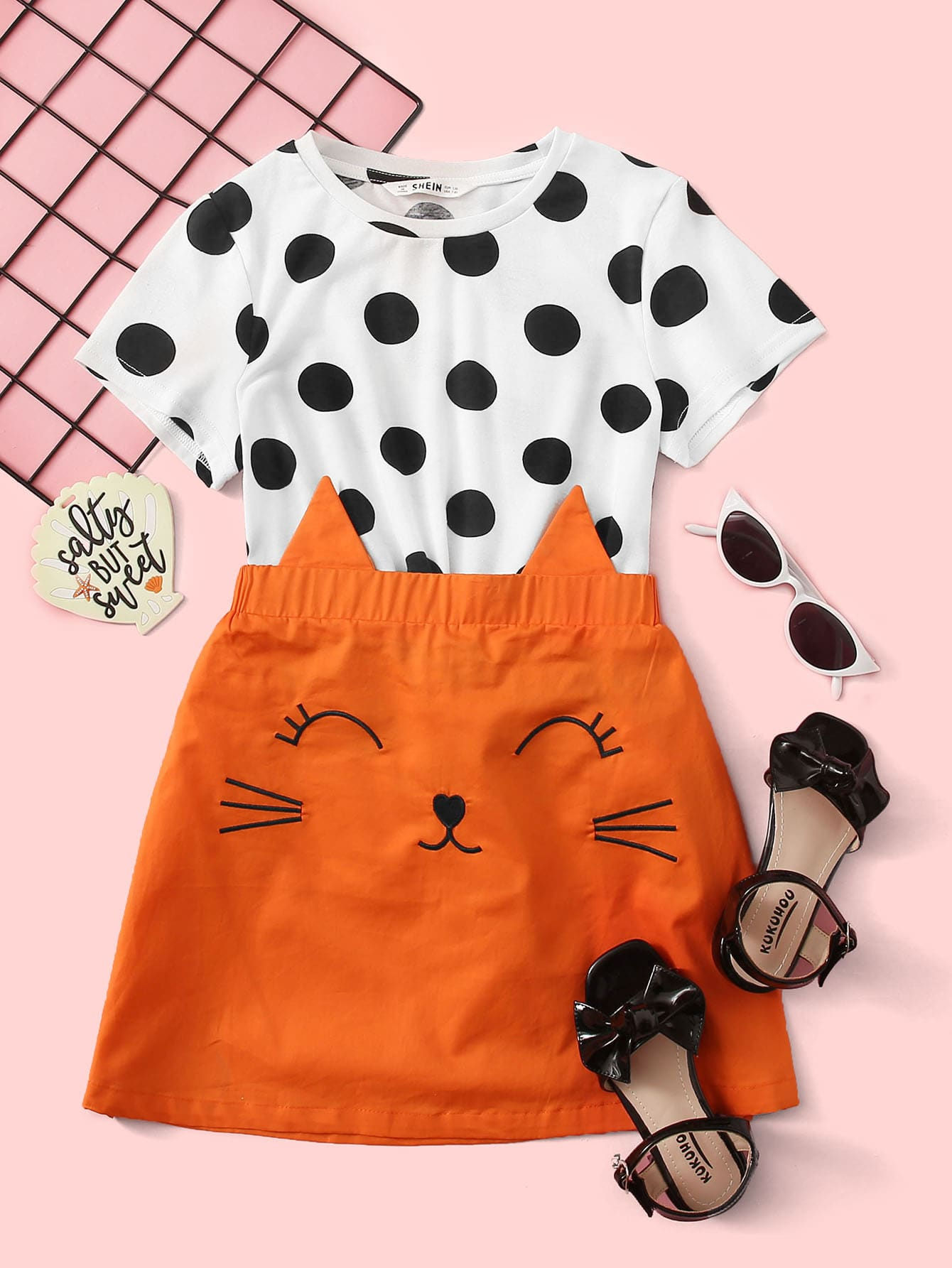 Girls Polka Dot Print Top & Triangle Trim Cartoon Embroidered Skirt Set