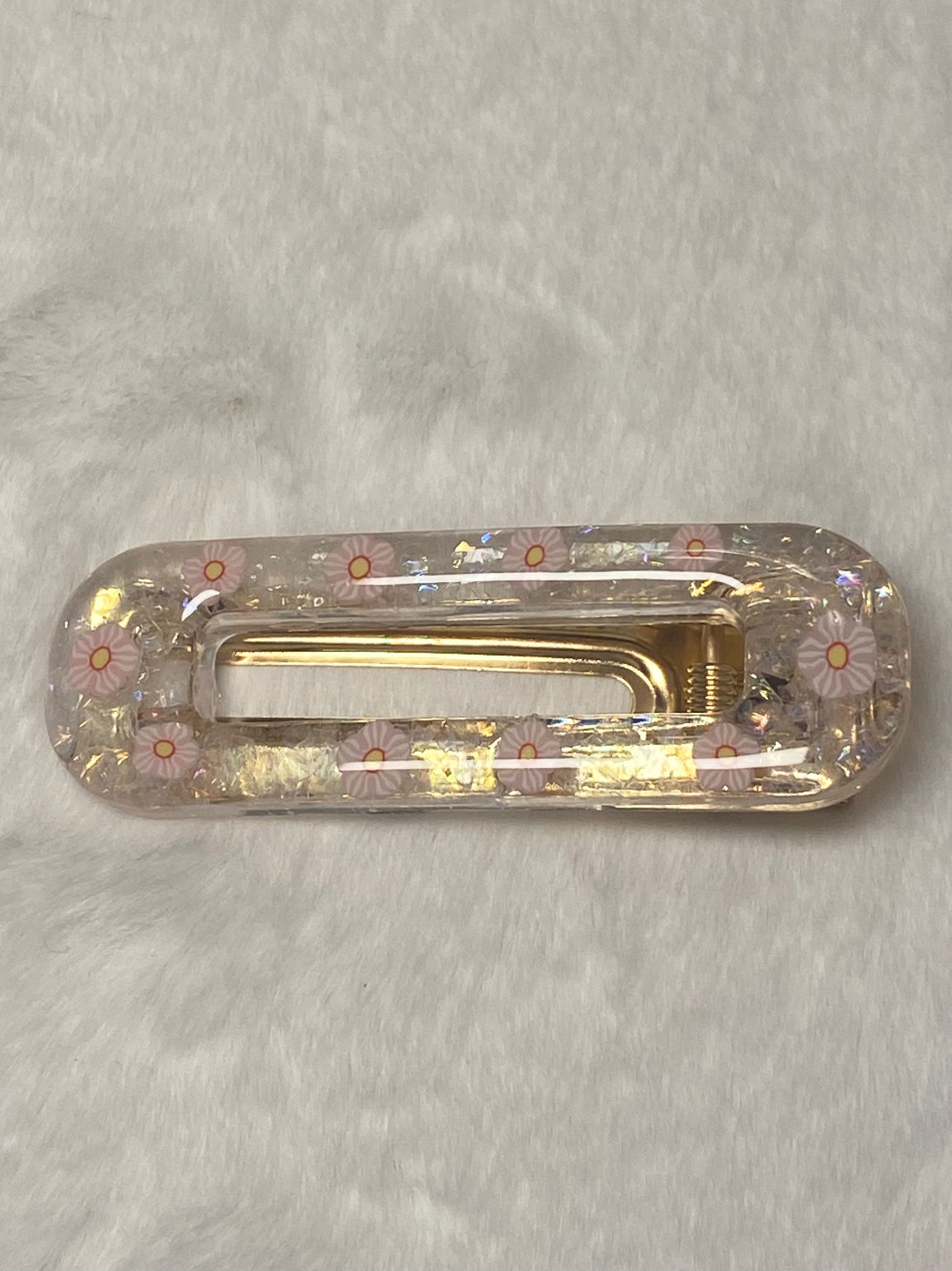 BARRETTE RECTANGLE "VERRE" PARTICULES DE VERRE BLANC NACRE