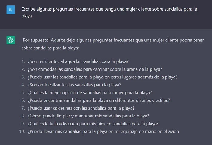 chatGPT: Escribe algunas preguntas frecuentes que tenga una mujer cliente sobre sandalias para la playa