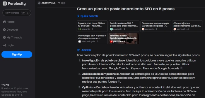 Si le preguntas a la inteligencia artificial de Perplexity para crear un plan de posicionamiento en 5 pasos, te dará una respuesta para guiar tu estrategia, además de sugerencias de contenido creado por otras personas.