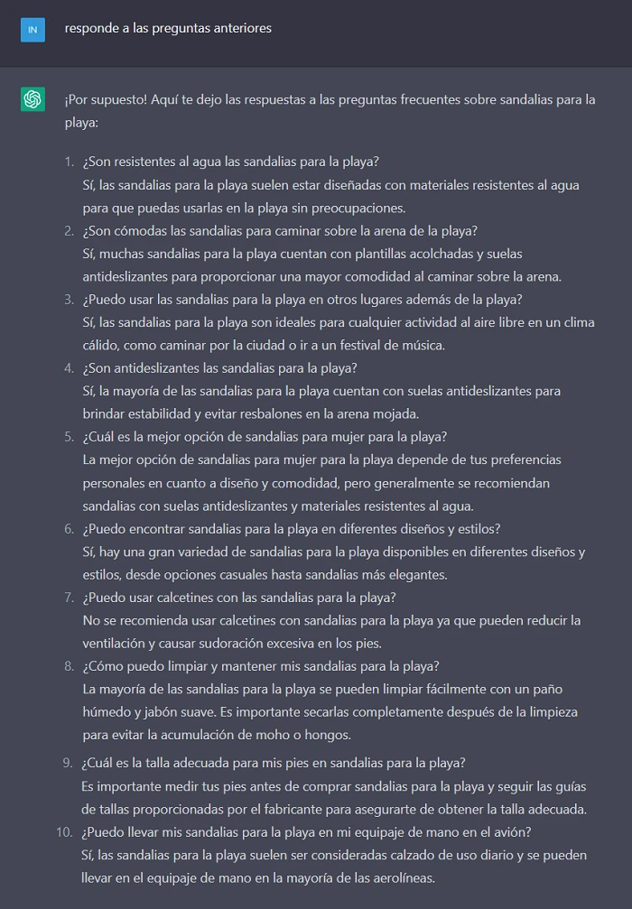 chatGPT: respuestas preguntas frecuentes que tenga una mujer cliente sobre sandalias para la playa