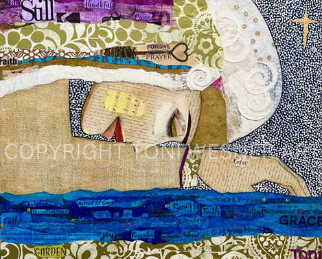 A texture-vibrant scene of a woman's face and arm as she prays face to the floor, eyes shut