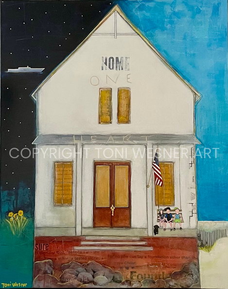 A house with double doors and two stories, with night on one side, and daylight on the other