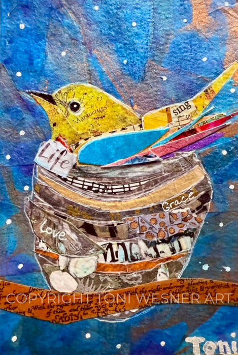 A bird in its nest amid a blue background