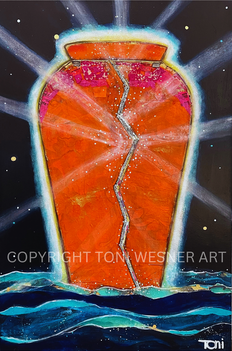 A cracked, richly orange, clay pot vase sits amid blue water and a starry sky. It's crack contains music and lets out white light.