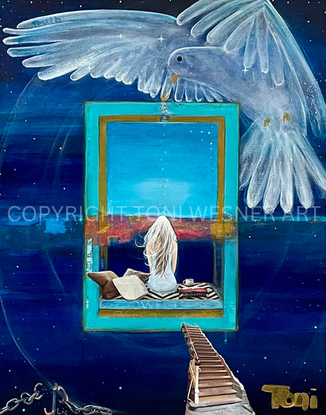 A sea of blue with a spirit dove over a teal frame with a woman sitting facing away from the viewer
