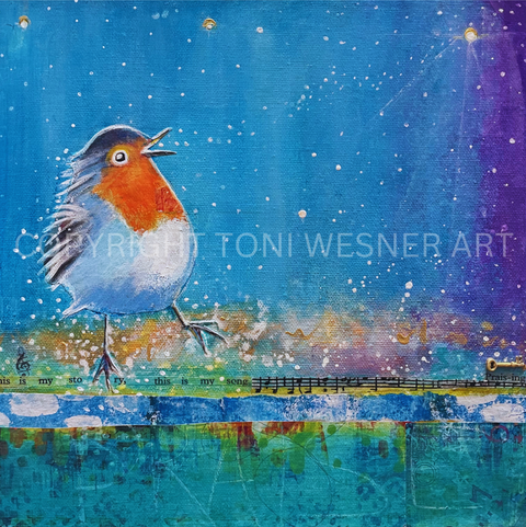 Little bird dancing, praising and singing in the rain.