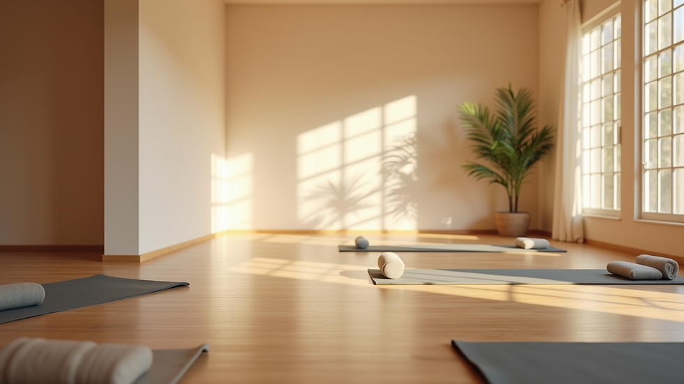 Eye-level view of a serene yoga studio with mats and soft lighting