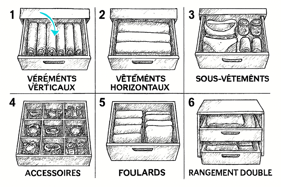bd croquis de 6 organisations différentes de tiroirs pour optimiser son rangement 