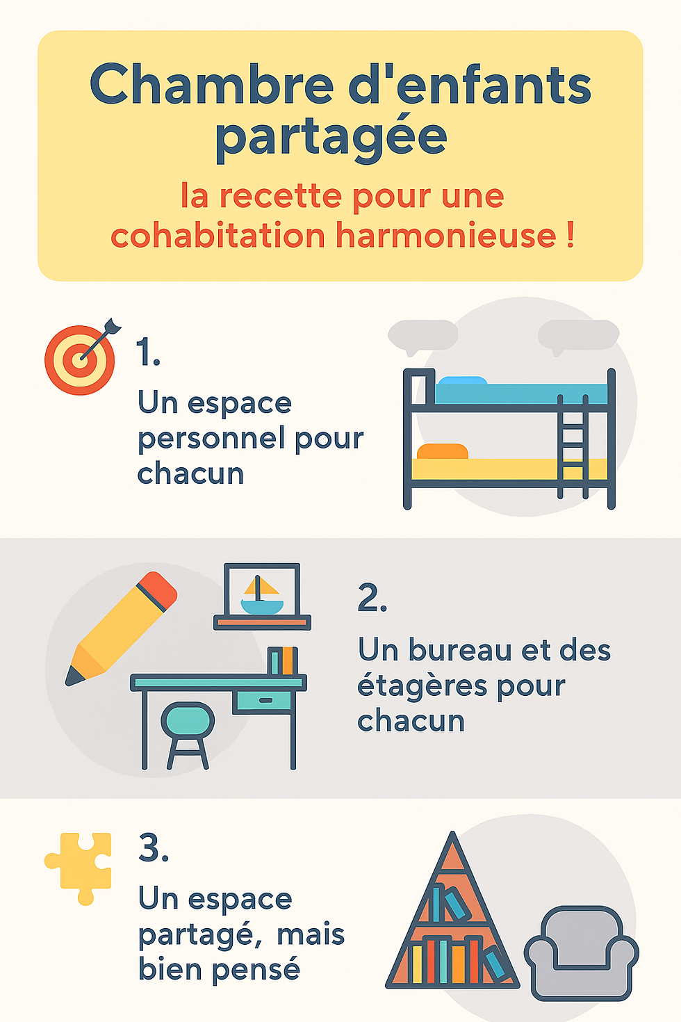 Infographie en français intitulée « Chambre d'enfants partagée : la recette pour une cohabitation harmonieuse ! » illustrant trois conseils clés pour aménager une chambre partagée entre enfants. « Un espace personnel pour chacun » avec une icône de cible et un dessin de lits superposés. « Un bureau et des étagères pour chacun » avec une icône de crayon et une illustration de bureau, chaise et étagères. « Un espace partagé, mais bien pensé » avec une icône de pièce de puzzle et une illustration de coin lecture avec fauteuil et bibliothèque. Design en style plat, couleurs pastel (jaune, bleu, orange, gris), texte lisible et disposition équilibrée.