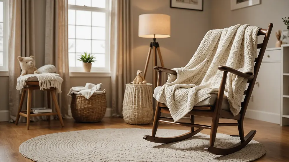 Eye-level view of a cozy living room with a rocking chair and baby blanket