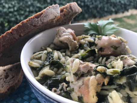 One Pot Chicken Thighs with Wholegrain Orzo and Spinach