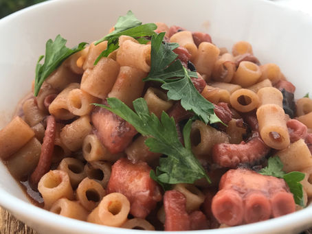 Greek Octopus Stew with fresh tomato sauce and Pasta