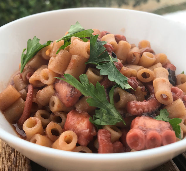 Greek Octopus Stew with fresh tomato sauce and Pasta