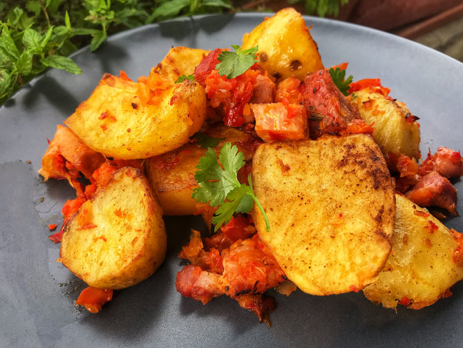 Oven Roasted Potatoes with red peppers and smoked pork