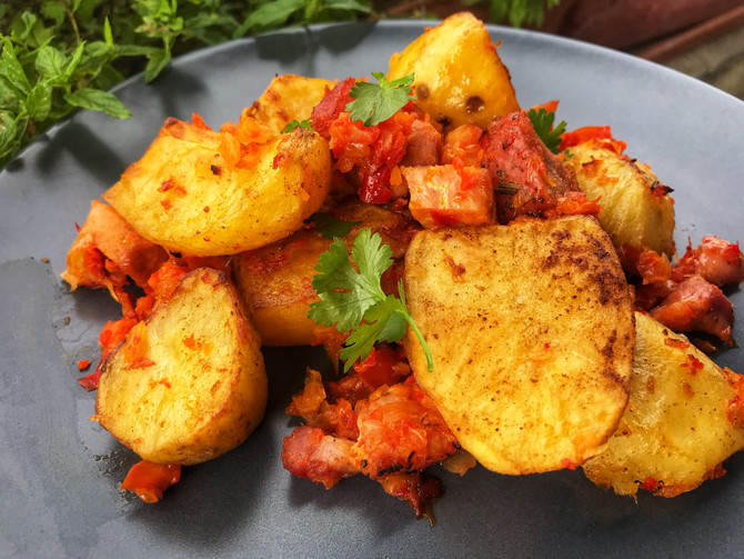 Oven Roasted Potatoes with red peppers and smoked pork