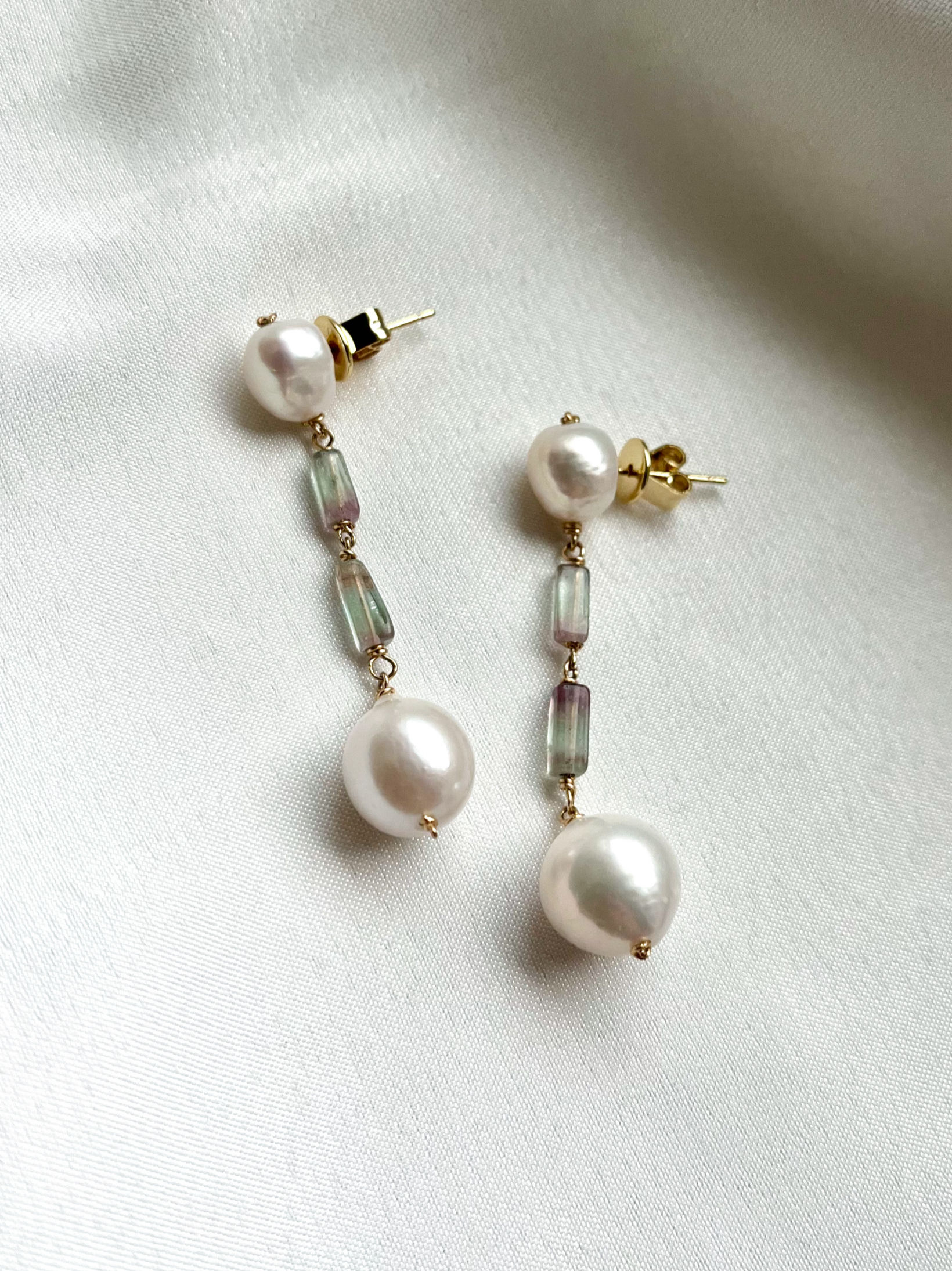 Double Pearl and Tourmaline Long Dangle Earrings