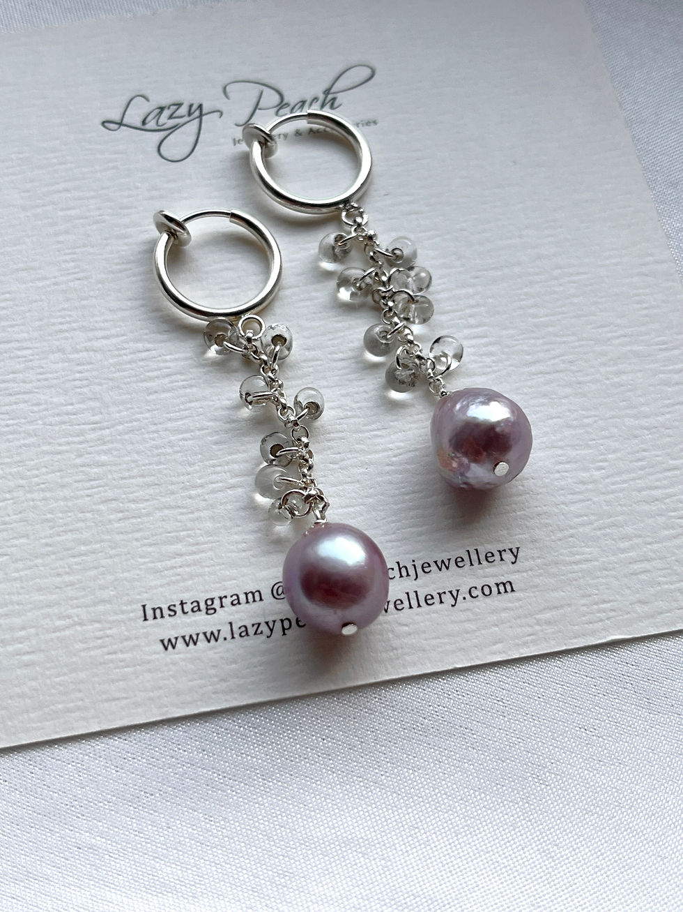 Thumbnail: Natural Purple Pearl and Clear Droplets Long Clip-on Earrings