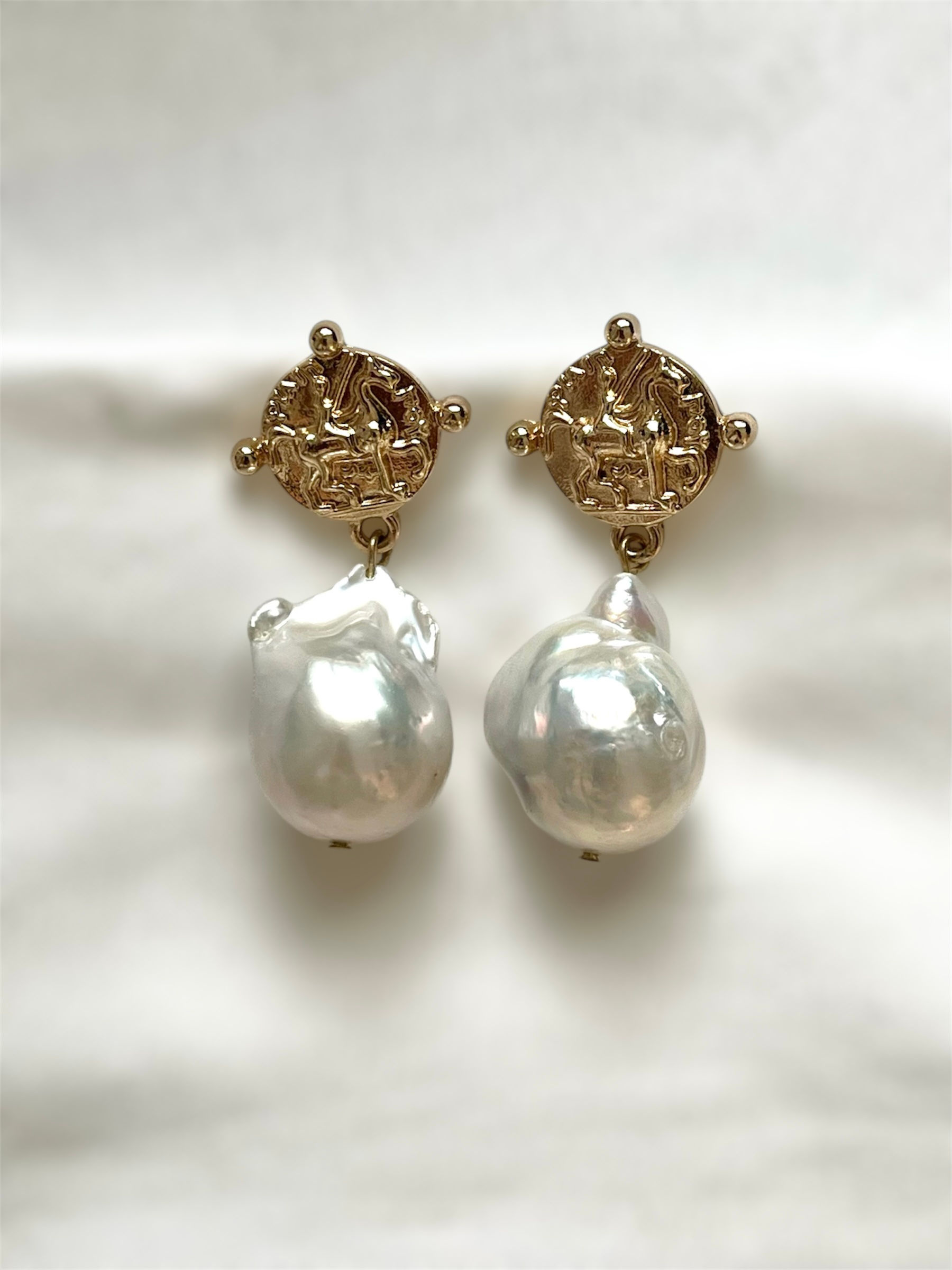 Baroque Pearl Greek Coin Medal Dangle Earrings