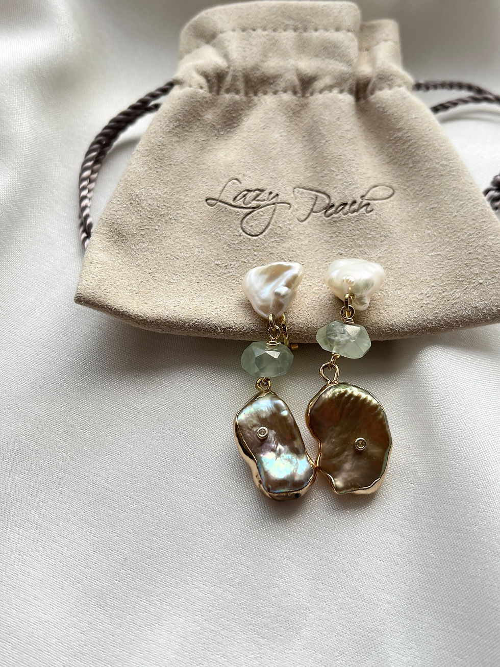 Thumbnail: Prehnite and Golden Keshi Pearl Clip-on Earrings
