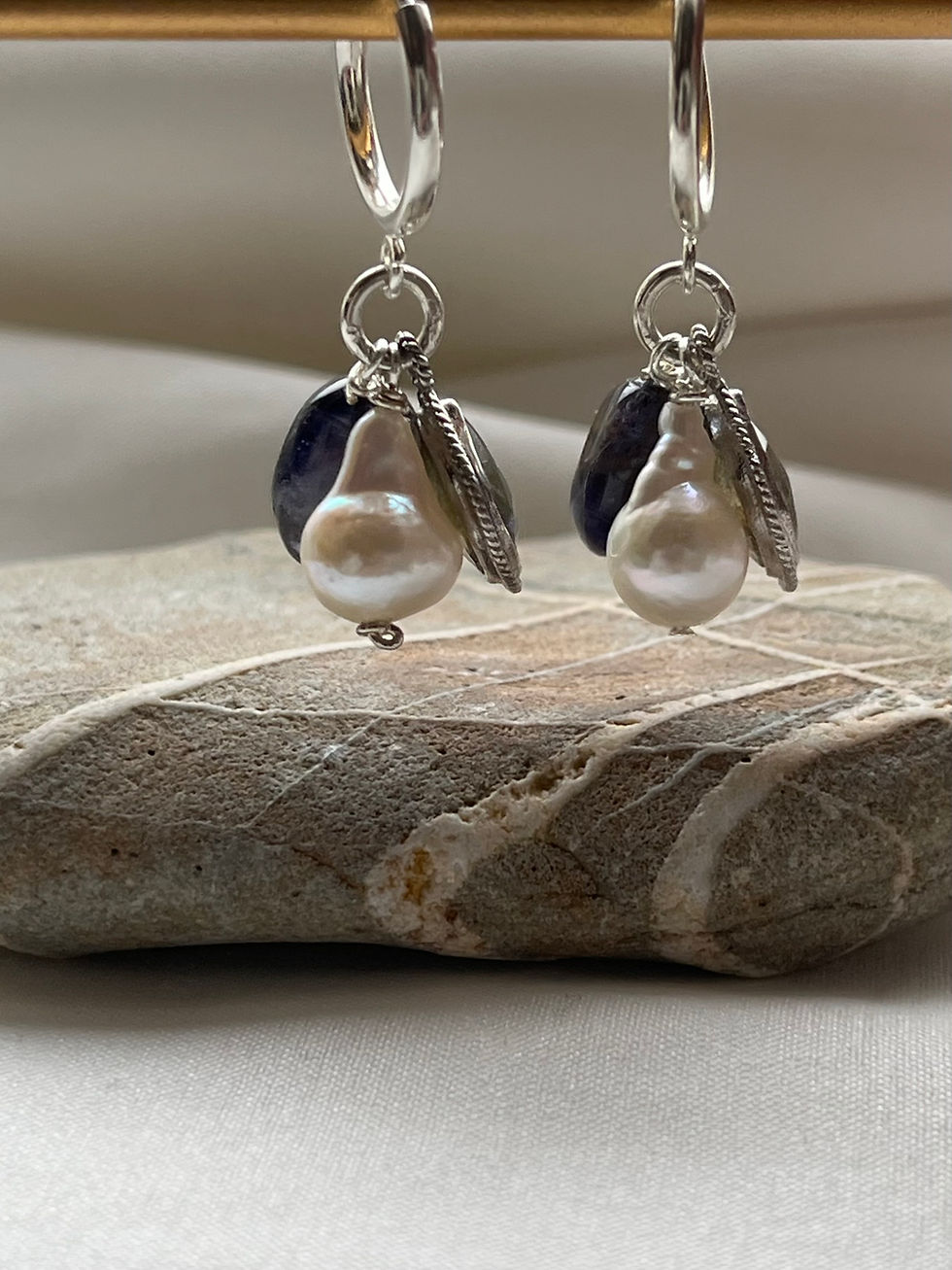 Thumbnail: Baroque Pearl and Labradorite Gemstone Charms Silver Clip-on Earrings
