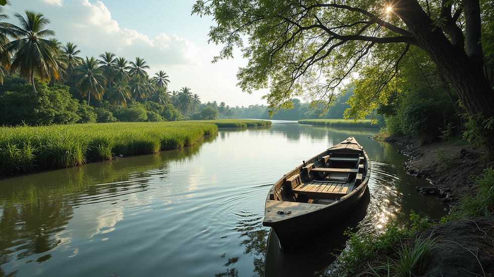 High angle view of peaceful river and traditional wooden boat in rural Cambodia
