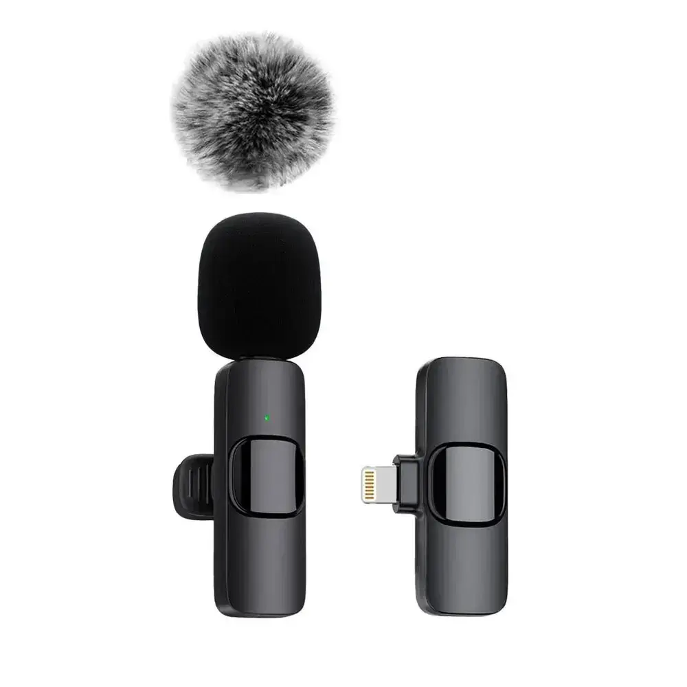 Wireless microphone set with two black cylindrical devices and furry wind cover