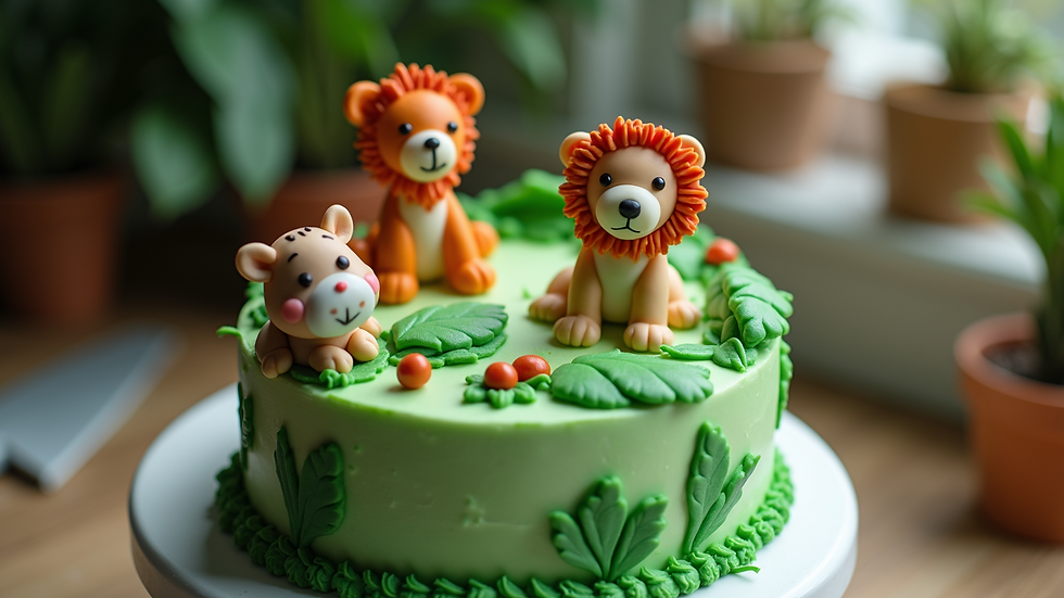High angle view of a homemade jungle-themed cake decorated with fondant animals and green frosting