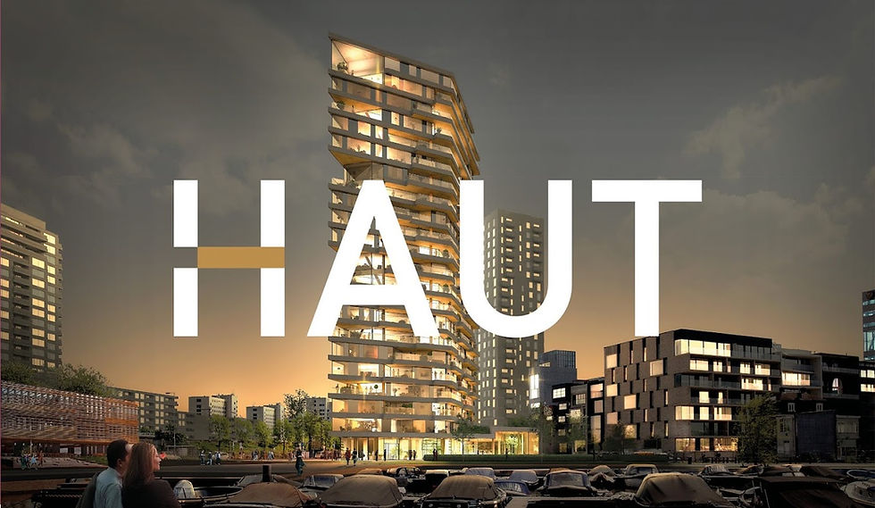 HAUT in Amsterdam is one of the tallest timber-hybrid buildings in the world (21 floors). Its structure combines CLT walls/floors with a concrete core, meeting strict fire and acoustic requirements while cutting carbon footprint
