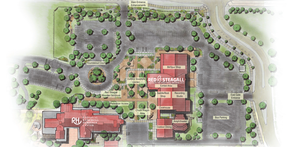 The Red Steagall Institute will be constructed as the crown jewel of the National Ranching Heritage Center. Pictured is the north half of the NRHC footprint, with the existing 44,000 square-foot museum building denoted. The preliminary configuration of the Red Steagall Institute is illustrated to the right of the museum. Anchored by convenient access and easy parking, the Institute will be highly accessible to visitors and immerse them in the world of ranching.