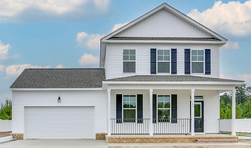white two story house, grey roof, with single story right hand front load garage.