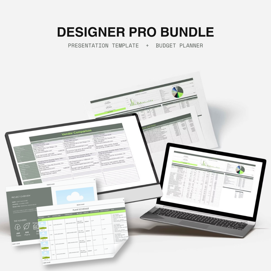Designer Pro Bundle: budget planner on desktop and laptop with printed presentation template pages