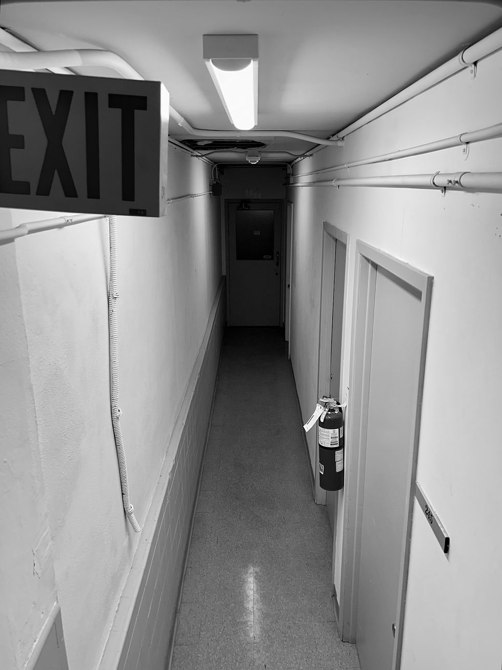 Second floor hallway next to the only classroom, North Borden Building, 2025.