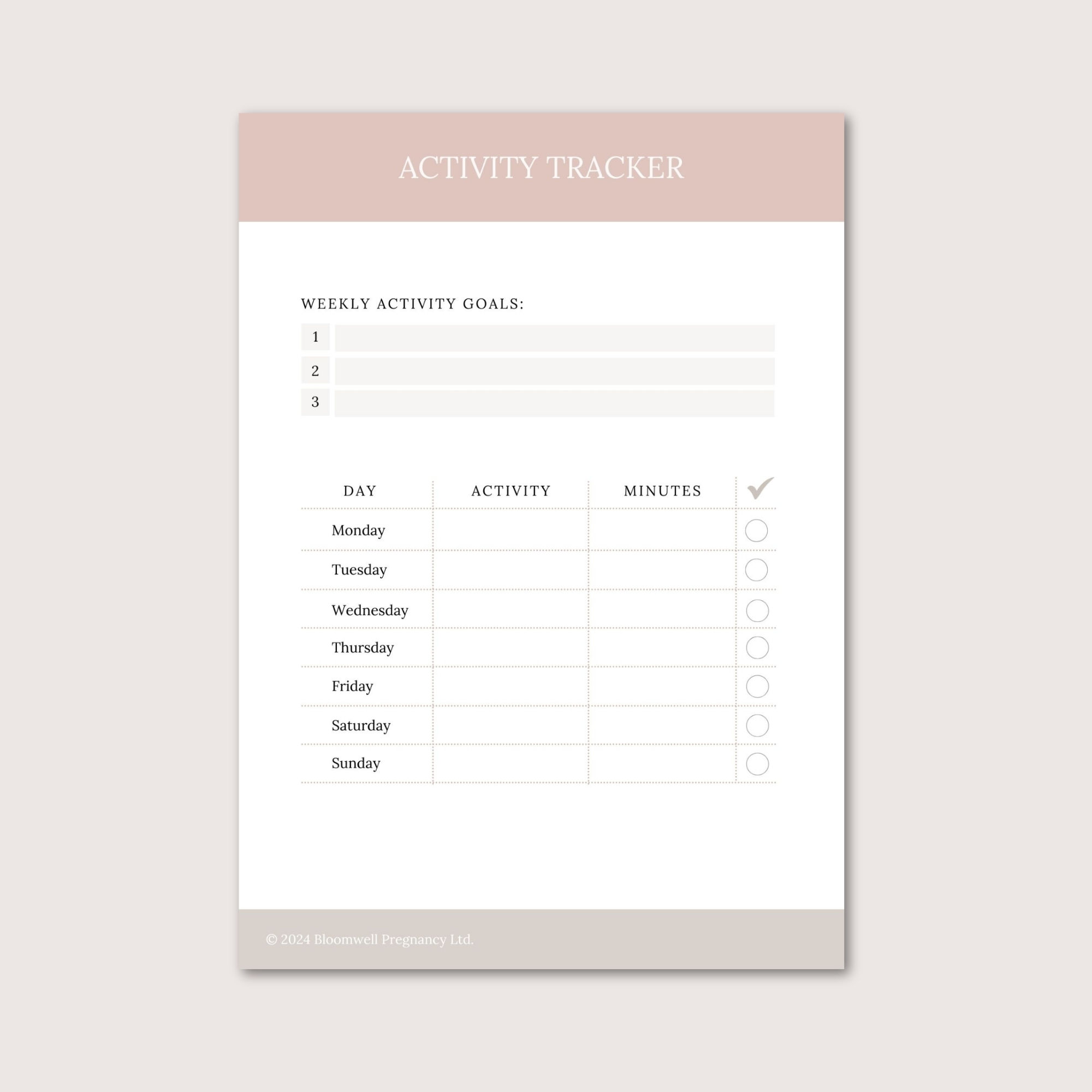 Printable activity tracker designed to help you set weekly goals and track weekly exercise progress.
