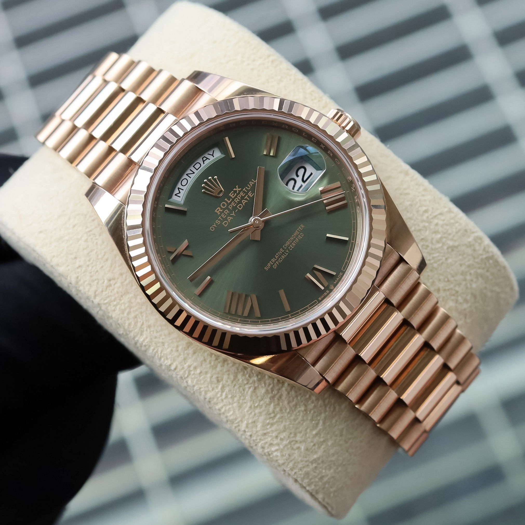 2021 18ct Rose Gold Rolex Oyster Perpetual Day-Date 40 Anniversary Olive
