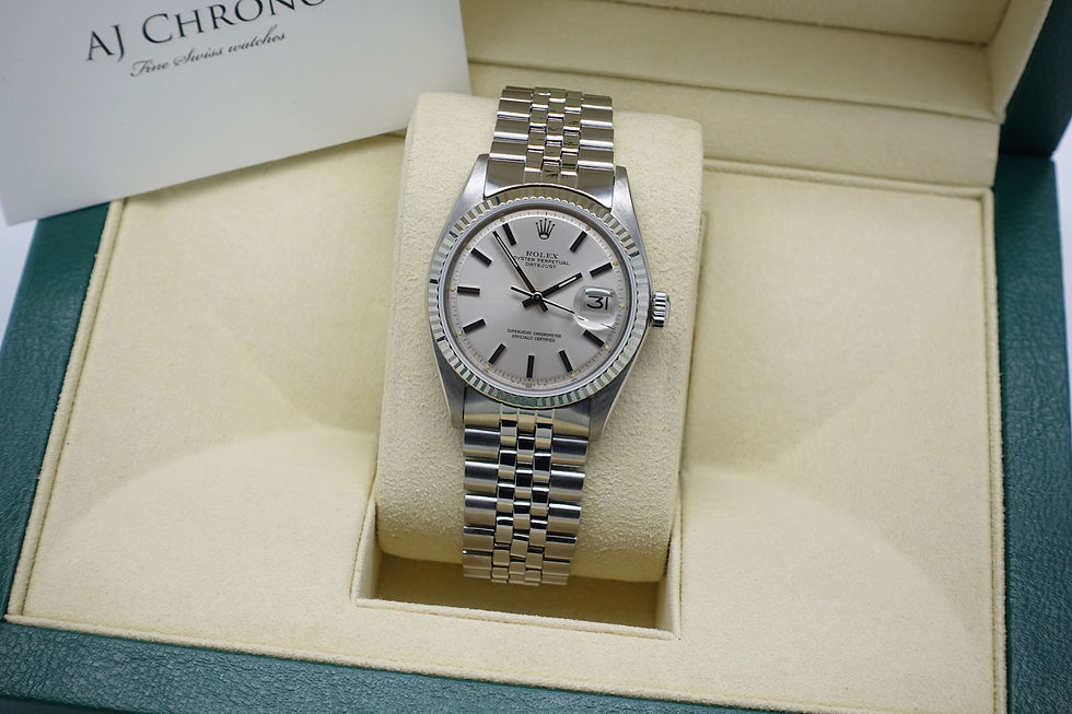 Thumbnail: Gents stainless steel Rolex Oyster Perpetual Datejust with 18ct white gold bezel