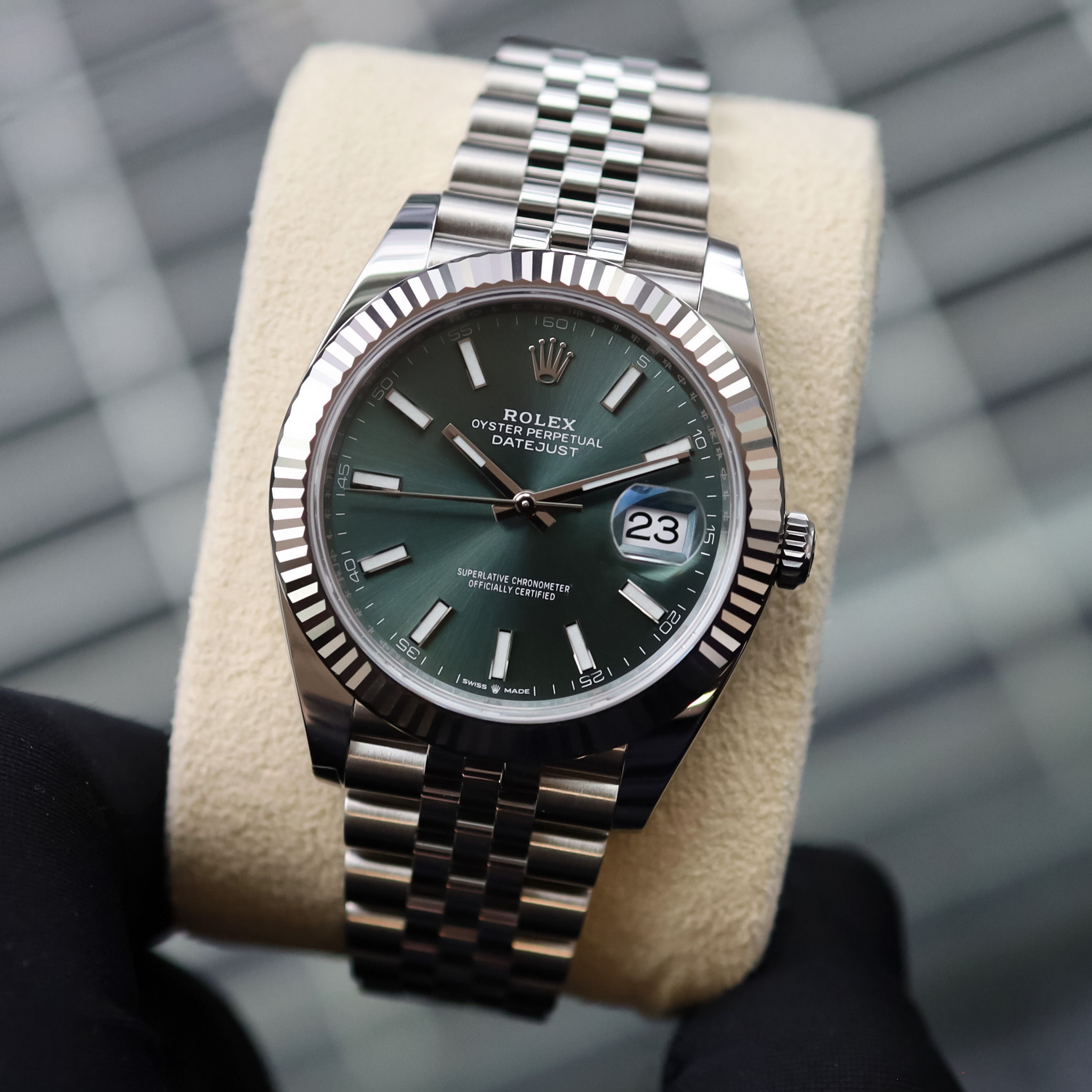 Gents Stainless Steel Rolex Oyster Perpetual Datejust 41 Mint Green Baton Dial