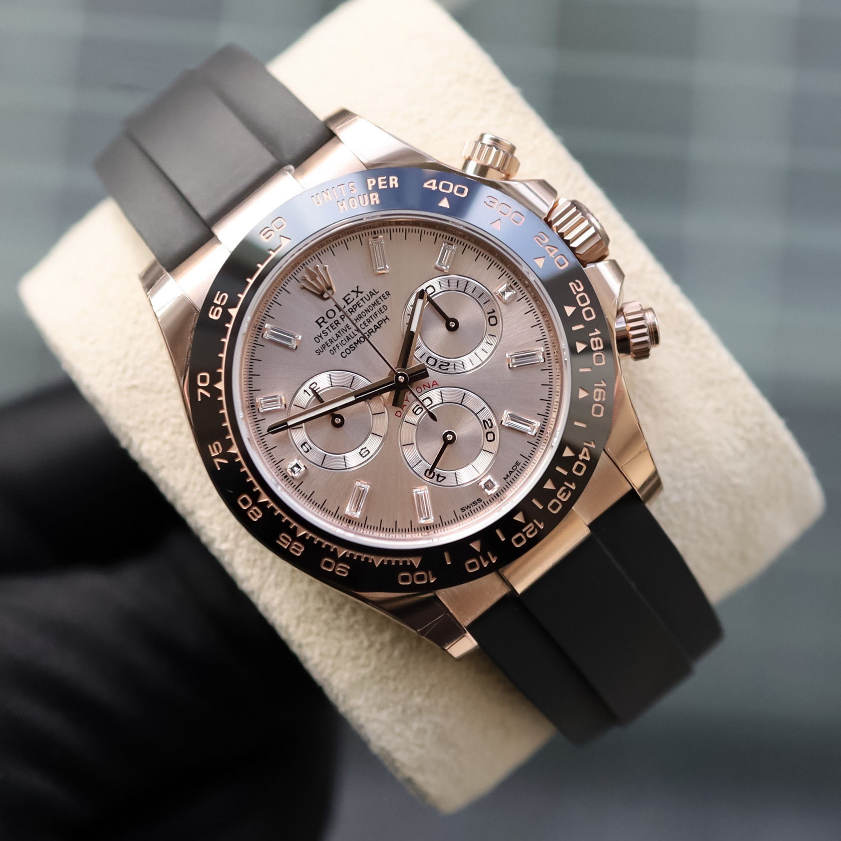 Gents 2023 18ct Everose Gold Oysterflex Daytona Sundust Baguette Diamond