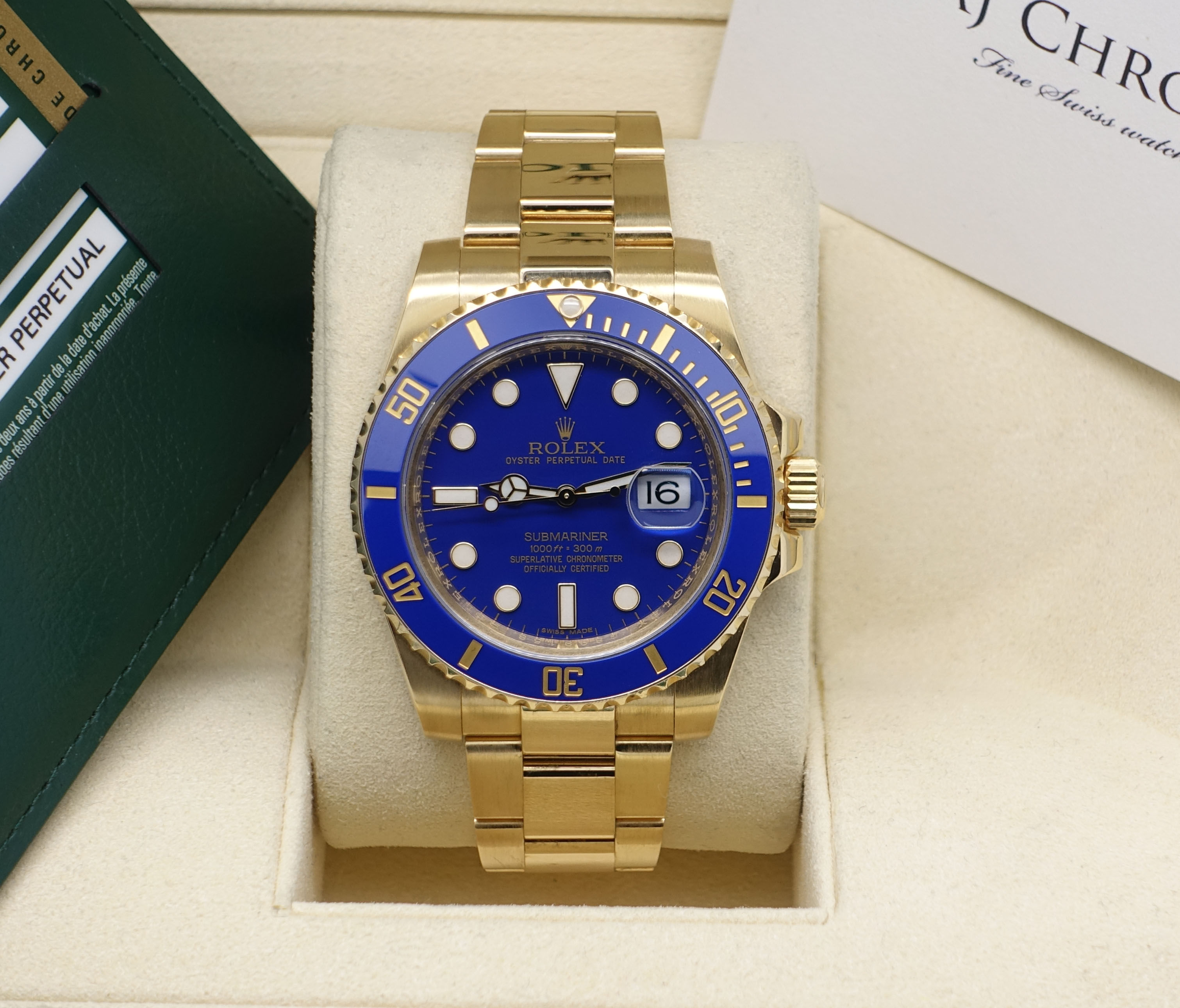 Mint 18ct Yellow Gold Rolex Oyster Perpetual Submariner Date Blue Kit 116618LB