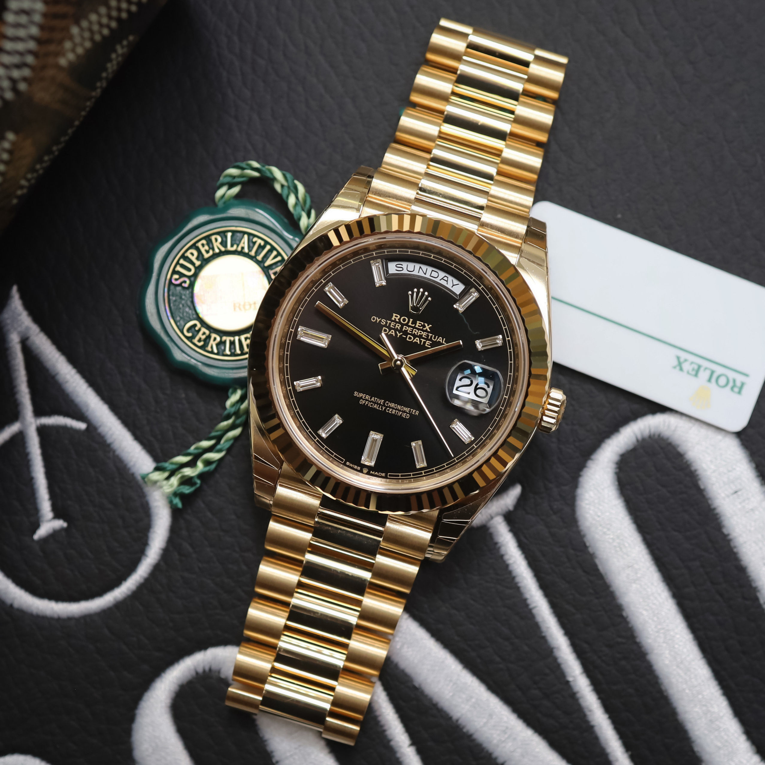 Unworn 2022 Factory Baguette Diamond Black Dial Rolex Day-Date 40