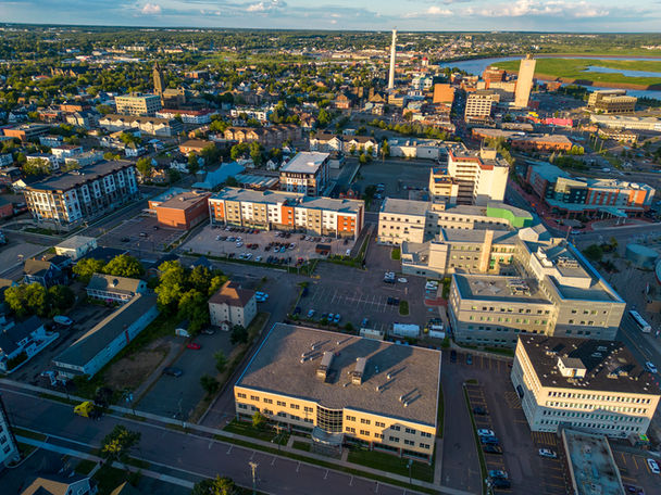 Aerial view of buildings and cityscape of Moncton's downtown.